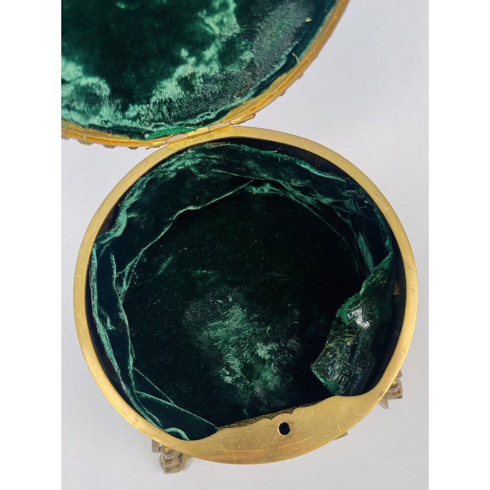 Antique 6.5" Pietra Dura Micromosaic Round Gilt-Bronze JEWELRY BOX w/ Velvet Key - Picture 9 of 12